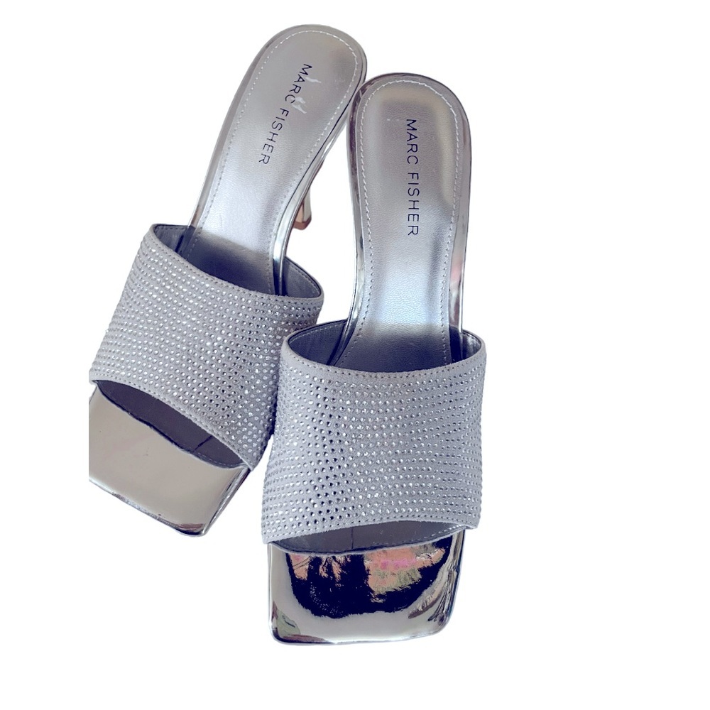 Marc Fisher Silver Chrome Boxy Diamond Bling Wedding Formal Square Heels size 7